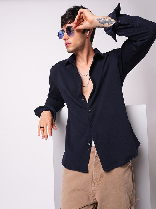 Opulent Navy Blue Textured Knitted Shirt