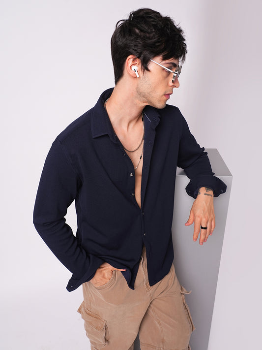 Opulent Navy Blue Textured Knitted Shirt