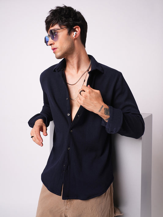 Opulent Navy Blue Textured Knitted Shirt