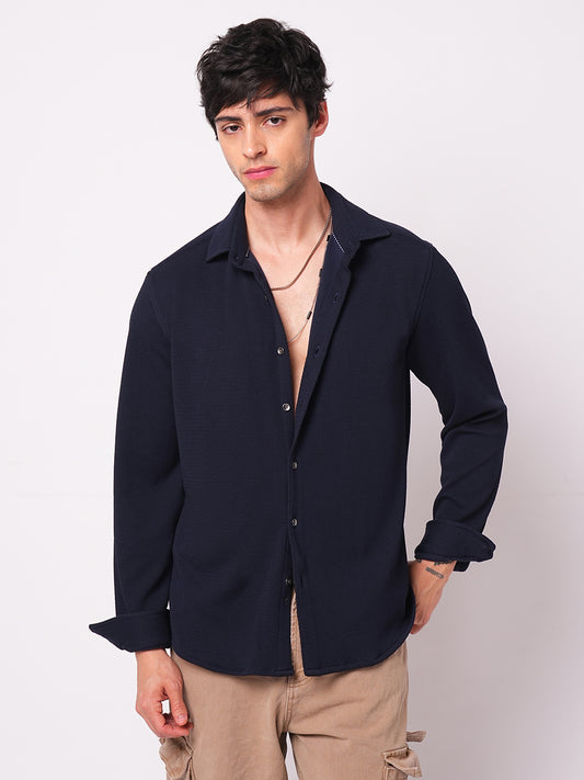 Opulent Navy Blue Textured Knitted Shirt