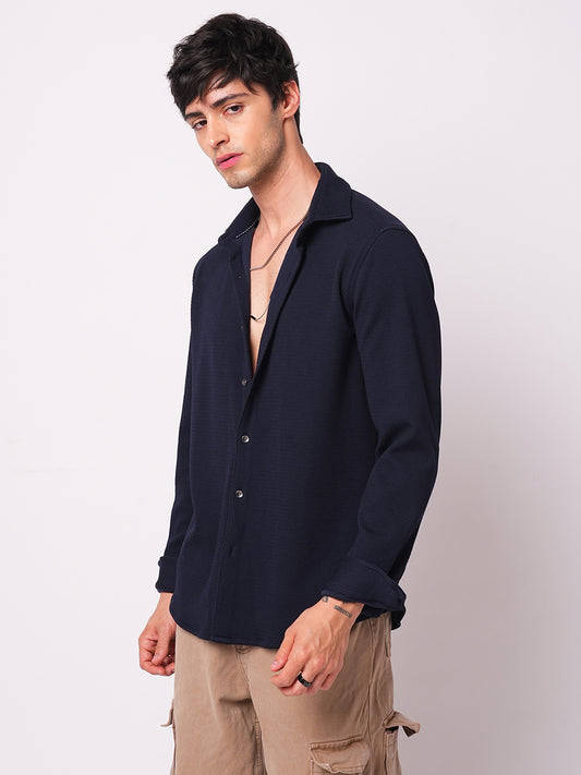 Opulent Navy Blue Textured Knitted Shirt