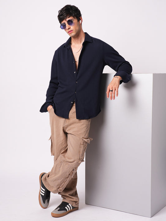 Opulent Navy Blue Textured Knitted Shirt