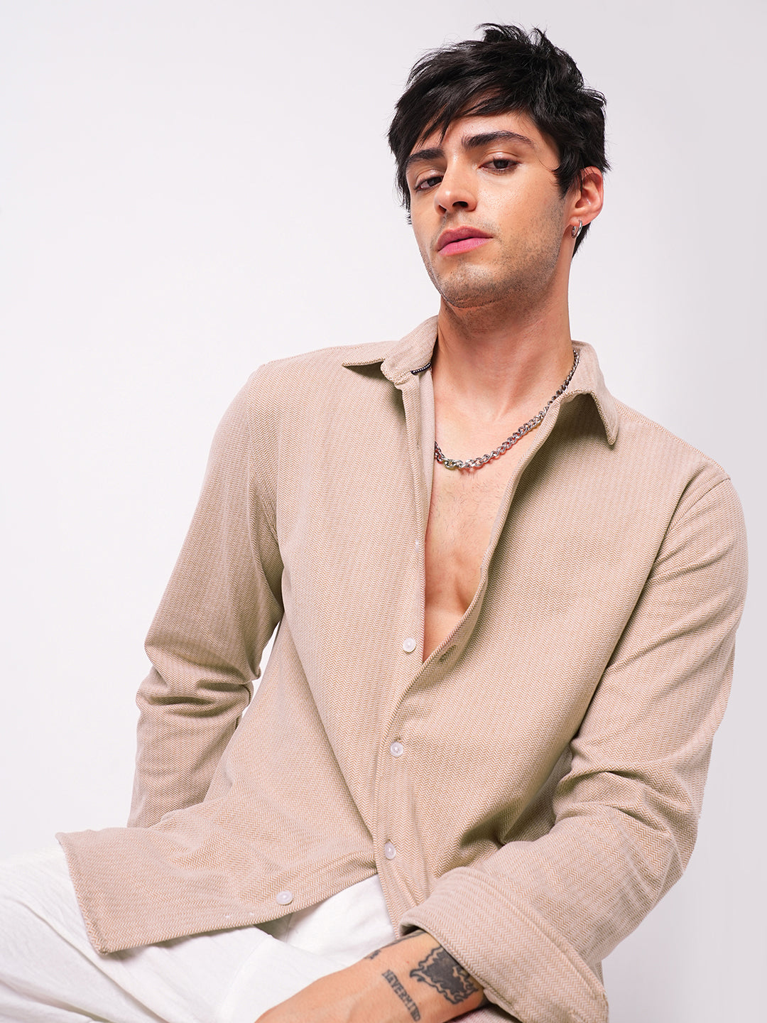 Plush Tres Naturale Beige Herringbone Knitted Shirt