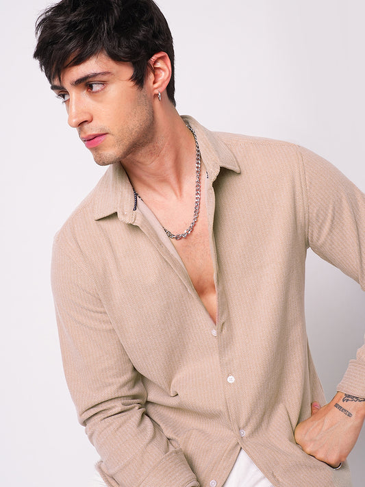 Plush Tres Naturale Beige Herringbone Knitted Shirt