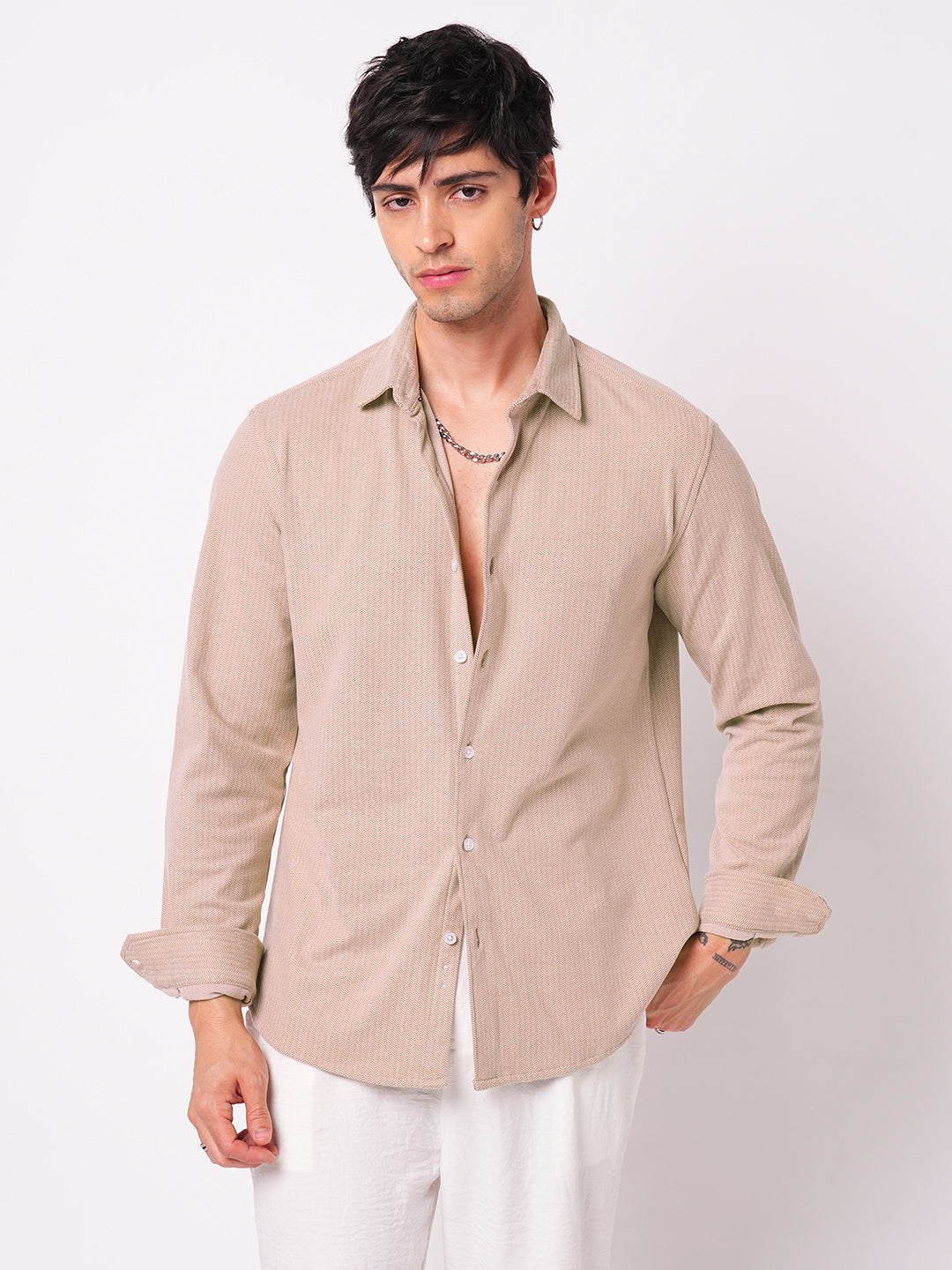 Plush Tres Naturale Beige Herringbone Knitted Shirt