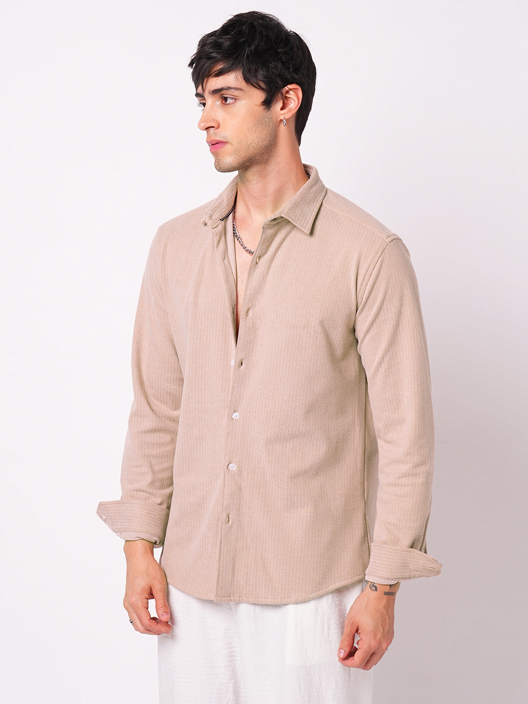 Plush Tres Naturale Beige Herringbone Knitted Shirt