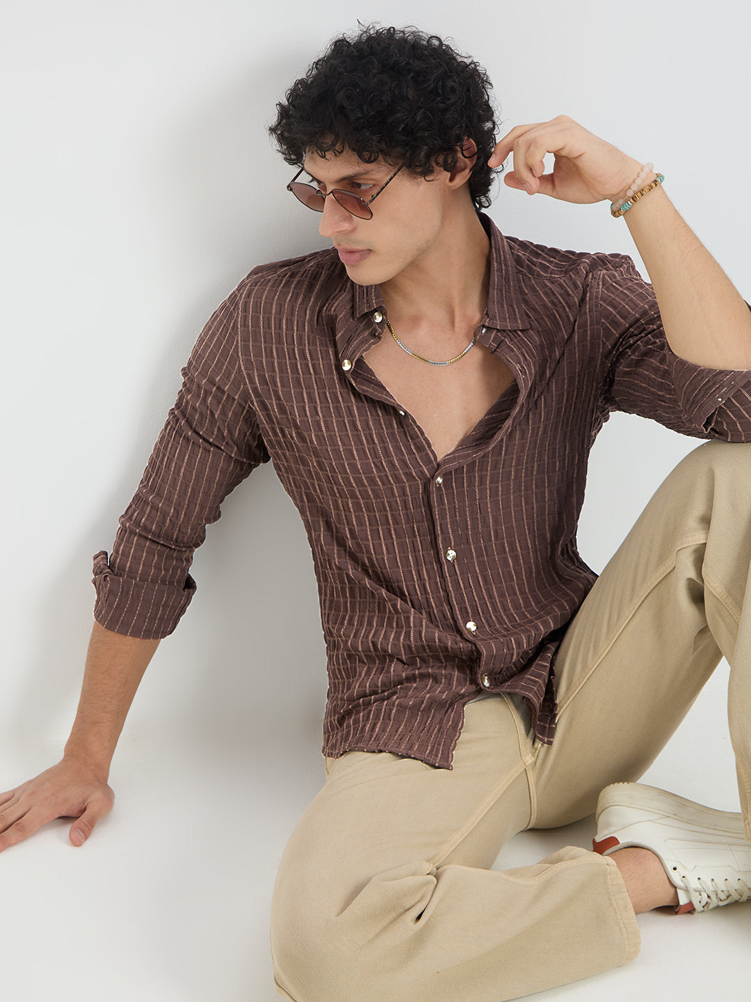 Exquisite Mocha Brown Checked Crinkled Shirt