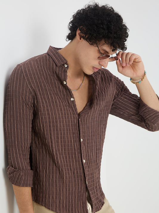 Exquisite Mocha Brown Checked Crinkled Shirt