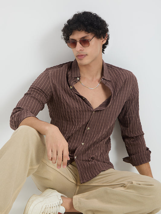 Exquisite Mocha Brown Checked Crinkled Shirt