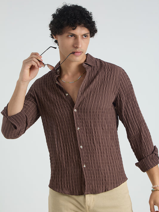 Exquisite Mocha Brown Checked Crinkled Shirt
