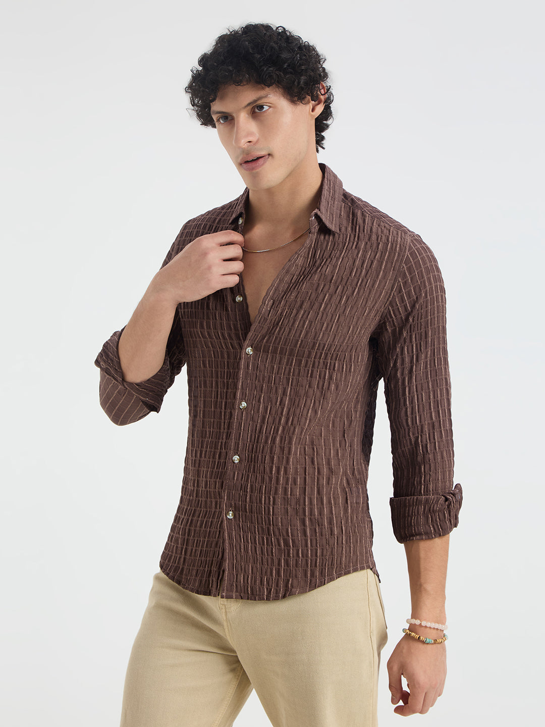 Exquisite Mocha Brown Checked Crinkled Shirt