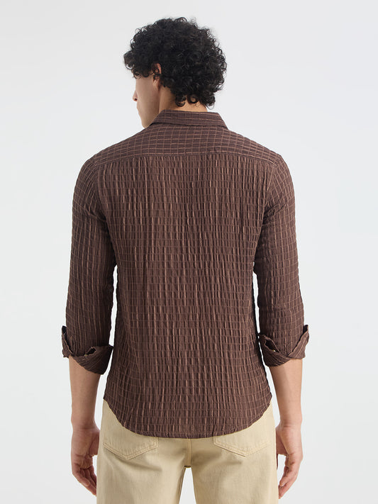 Exquisite Mocha Brown Checked Crinkled Shirt