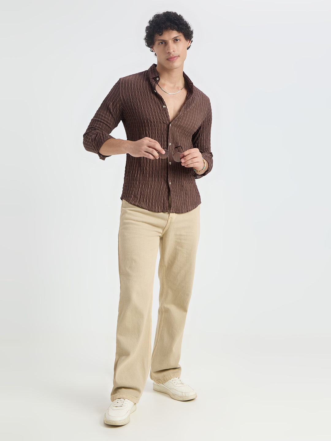 Exquisite Mocha Brown Checked Crinkled Shirt