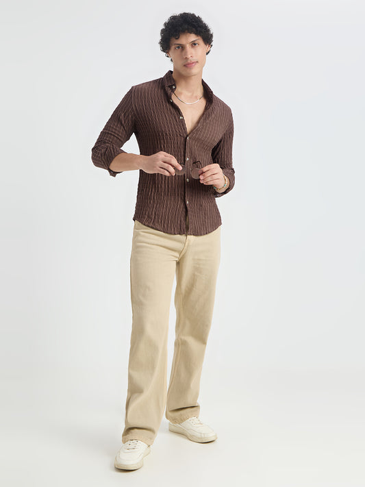 Exquisite Mocha Brown Checked Crinkled Shirt