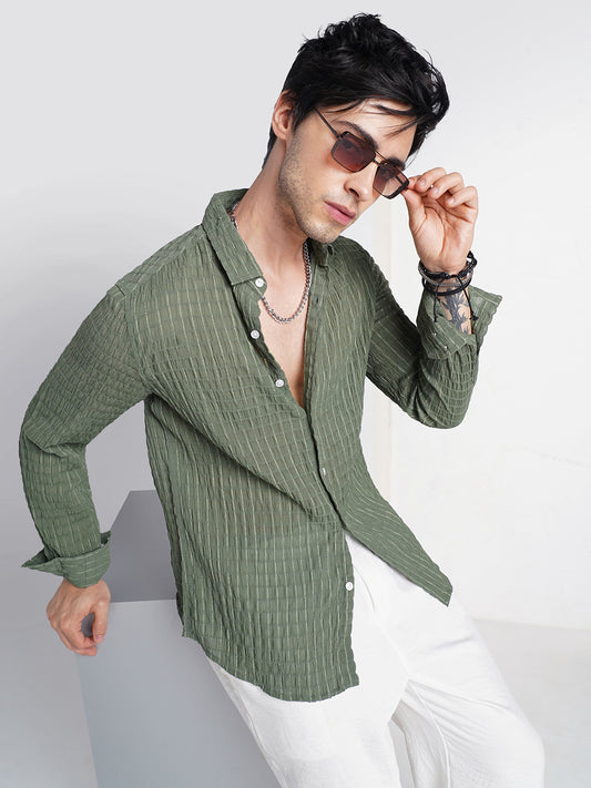 Exquisite Pine Green Checked Crinkled Shirt