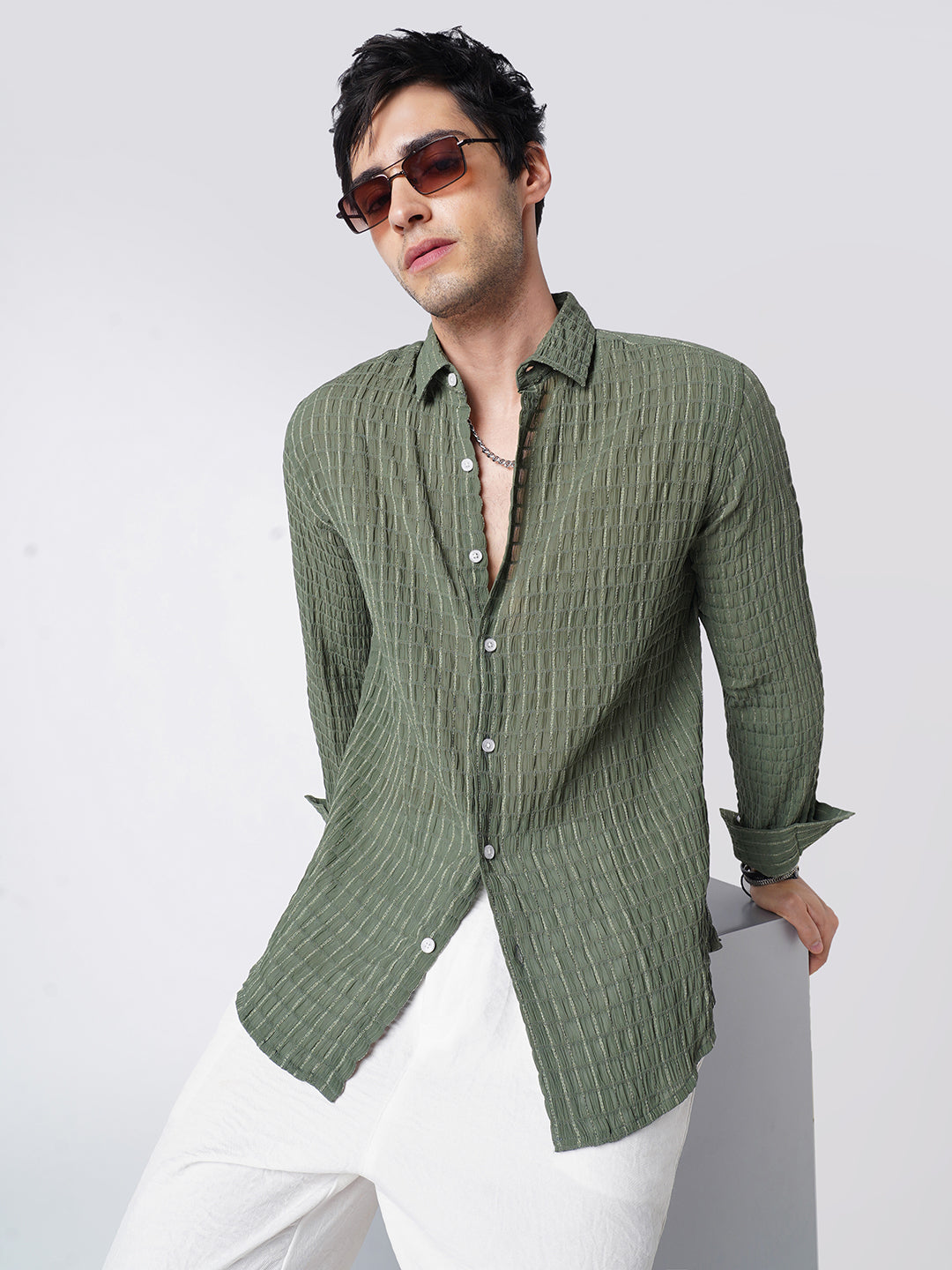 Exquisite Pine Green Checked Crinkled Shirt