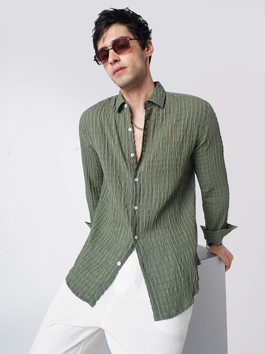 Exquisite Pine Green Checked Crinkled Shirt