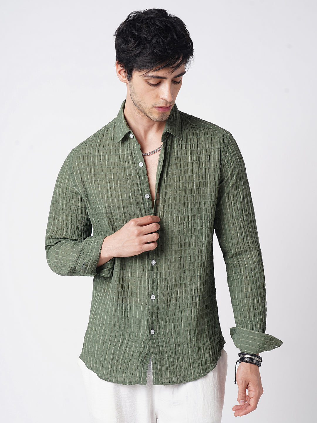Exquisite Pine Green Checked Crinkled Shirt