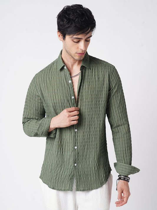 Exquisite Pine Green Checked Crinkled Shirt