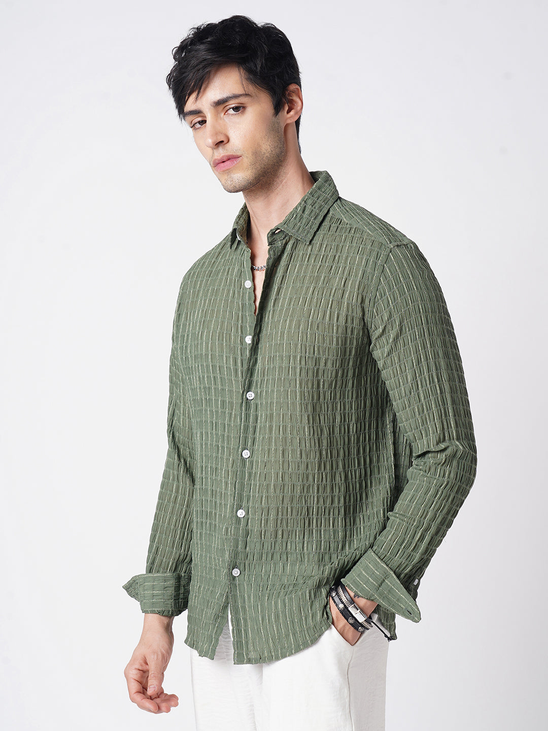Exquisite Pine Green Checked Crinkled Shirt