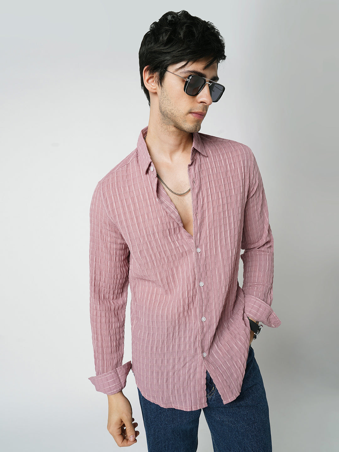 Exquisite Puce Pink Checked Crinkled Shirt