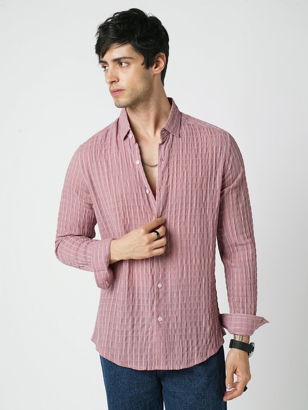 Exquisite Puce Pink Checked Crinkled Shirt