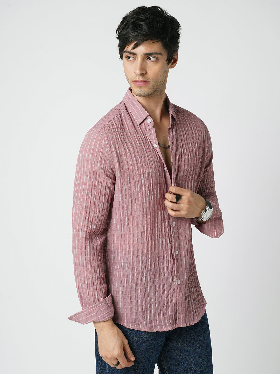 Exquisite Puce Pink Checked Crinkled Shirt