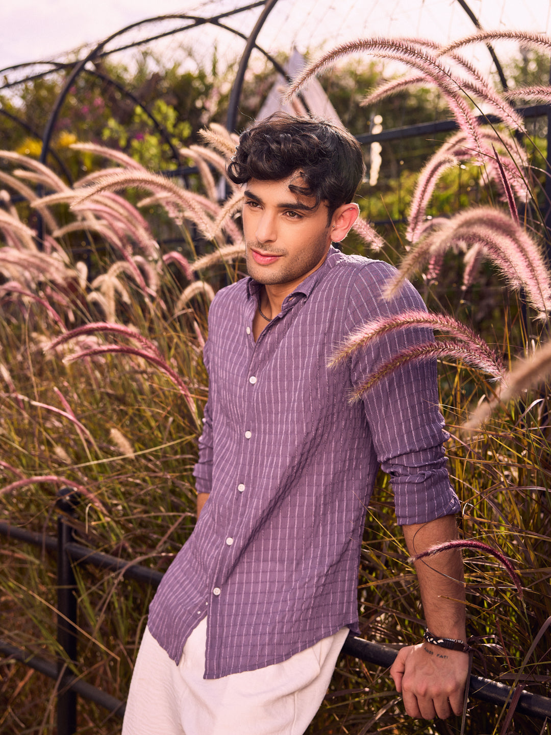Exquisite Violet Checked Crinkled Shirt