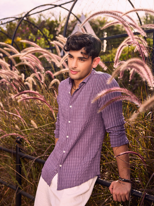 Exquisite Violet Checked Crinkled Shirt