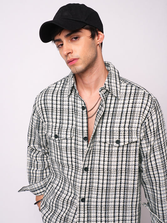 Black Tartan Checks Double Pocket Overshirt