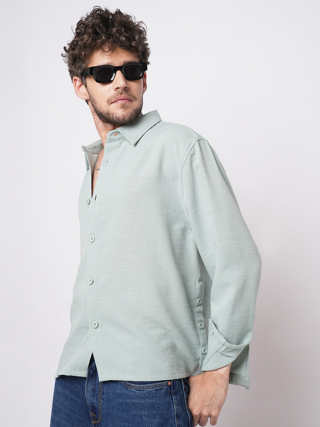 Pastel Green Slub Textured Oversized Shirt