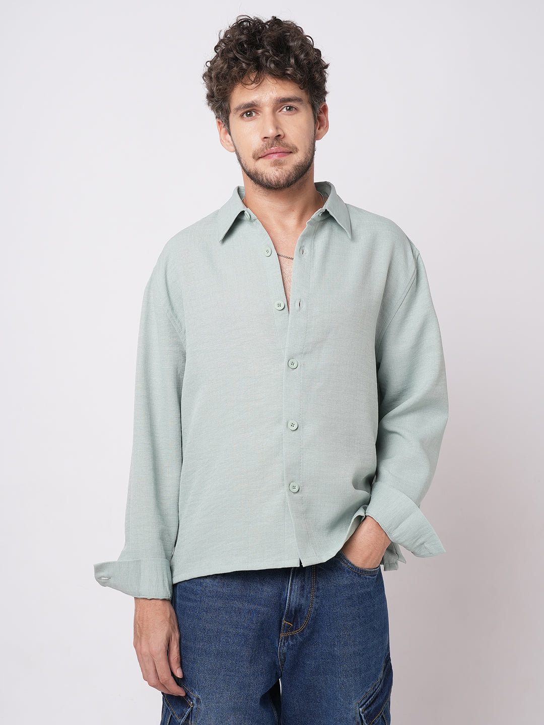 Pastel Green Slub Textured Oversized Shirt