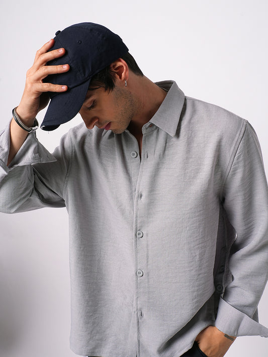 Minimalist Grey Slub Oversized Side Slit Button Crop Shirt