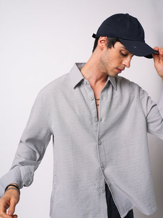 Minimalist Grey Slub Oversized Side Slit Button Crop Shirt