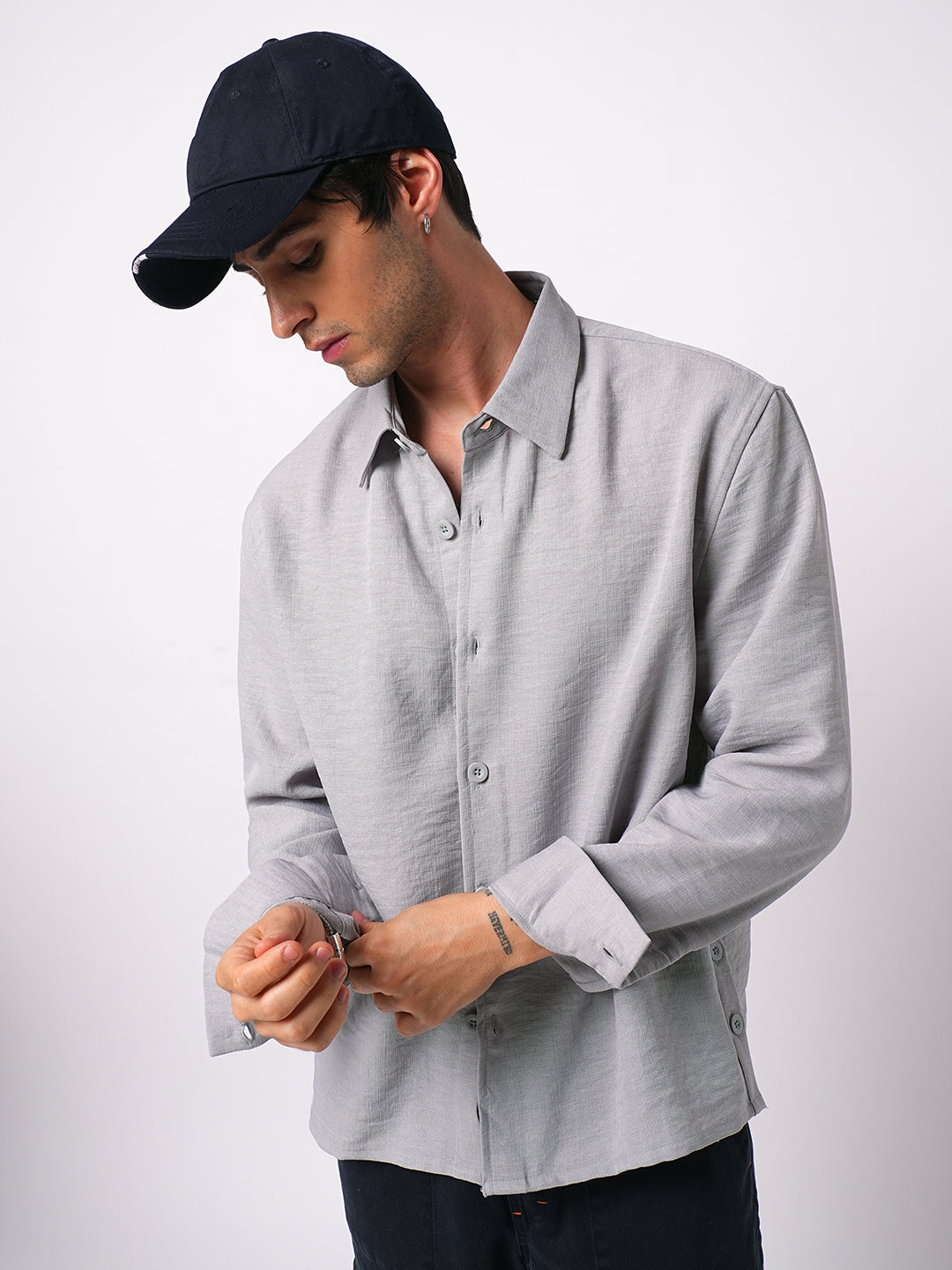 Minimalist Grey Slub Oversized Side Slit Button Crop Shirt