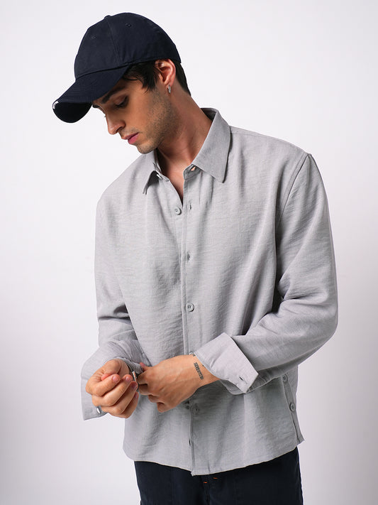 Minimalist Grey Slub Oversized Side Slit Button Crop Shirt