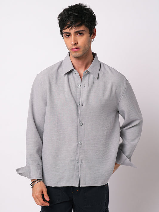 Minimalist Grey Slub Oversized Side Slit Button Crop Shirt