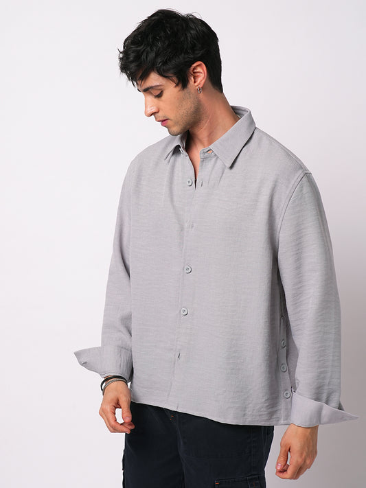 Minimalist Grey Slub Oversized Side Slit Button Crop Shirt