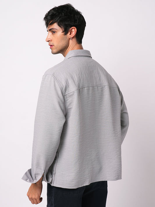 Minimalist Grey Slub Oversized Side Slit Button Crop Shirt