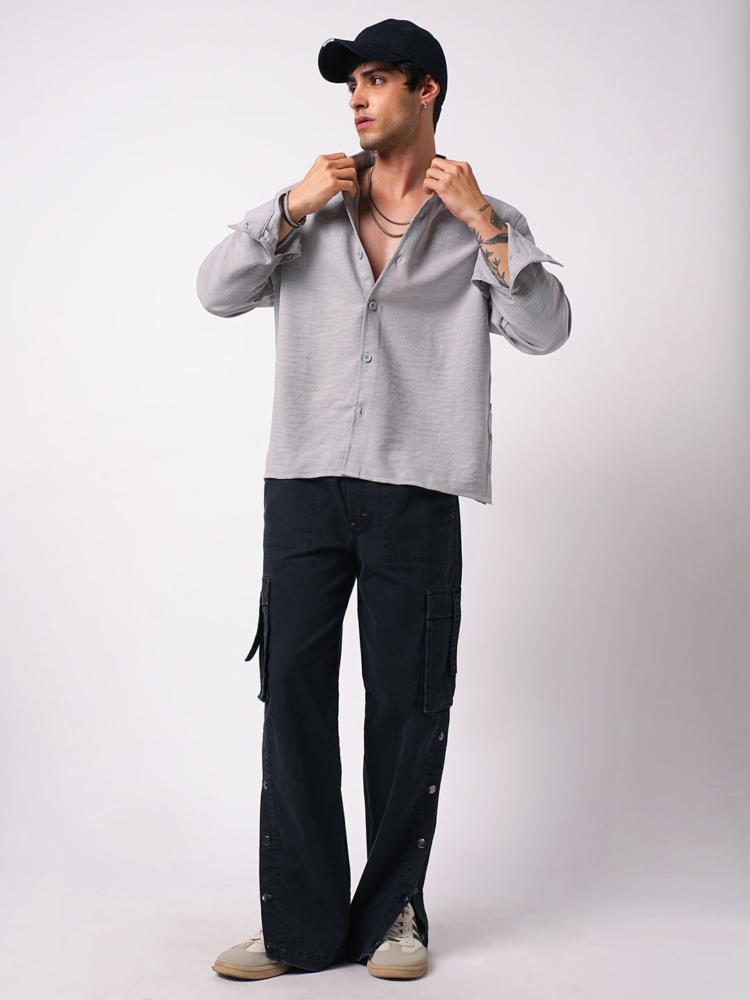 Minimalist Grey Slub Oversized Side Slit Button Crop Shirt
