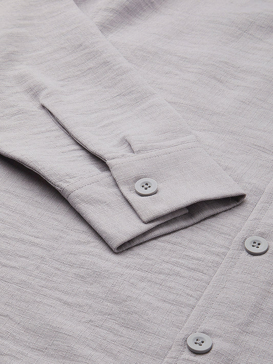 Minimalist Grey Slub Oversized Side Slit Button Crop Shirt