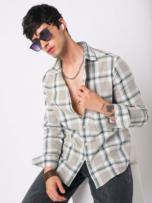 Premium Cotton Burlap Grey & Navy Plaid Checks Textured Shirt