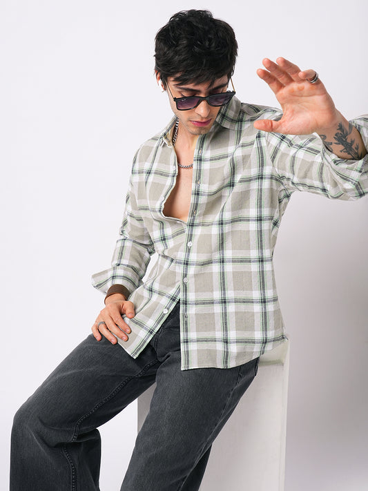 Premium Cotton Burlap Grey & Navy Plaid Checks Textured Shirt