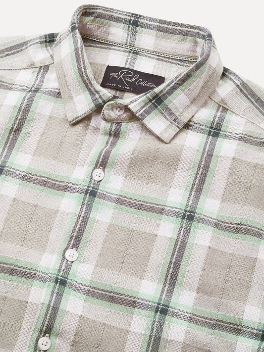 Premium Cotton Burlap Grey & Navy Plaid Checks Textured Shirt