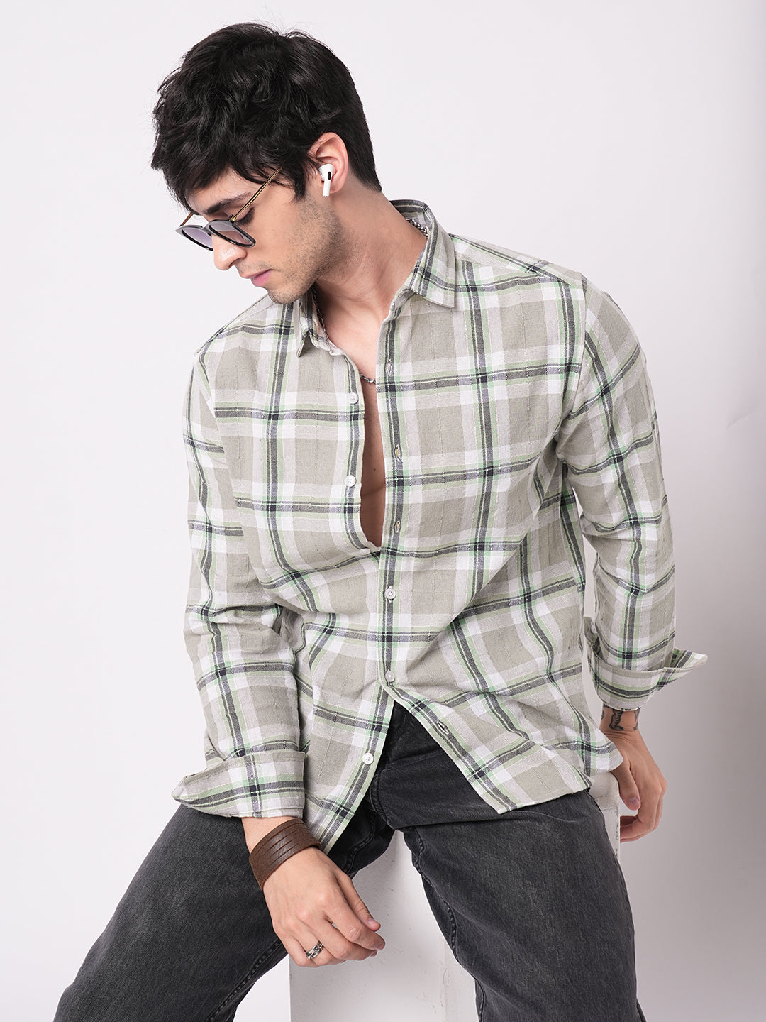 Premium Cotton Burlap Grey & Navy Plaid Checks Textured Shirt
