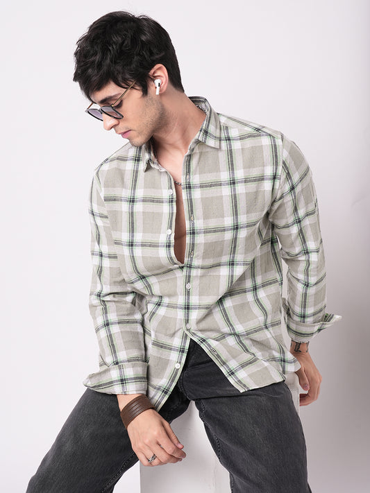 Premium Cotton Burlap Grey & Navy Plaid Checks Textured Shirt