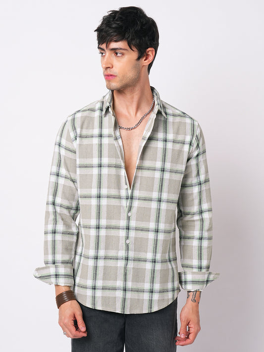 Premium Cotton Burlap Grey & Navy Plaid Checks Textured Shirt