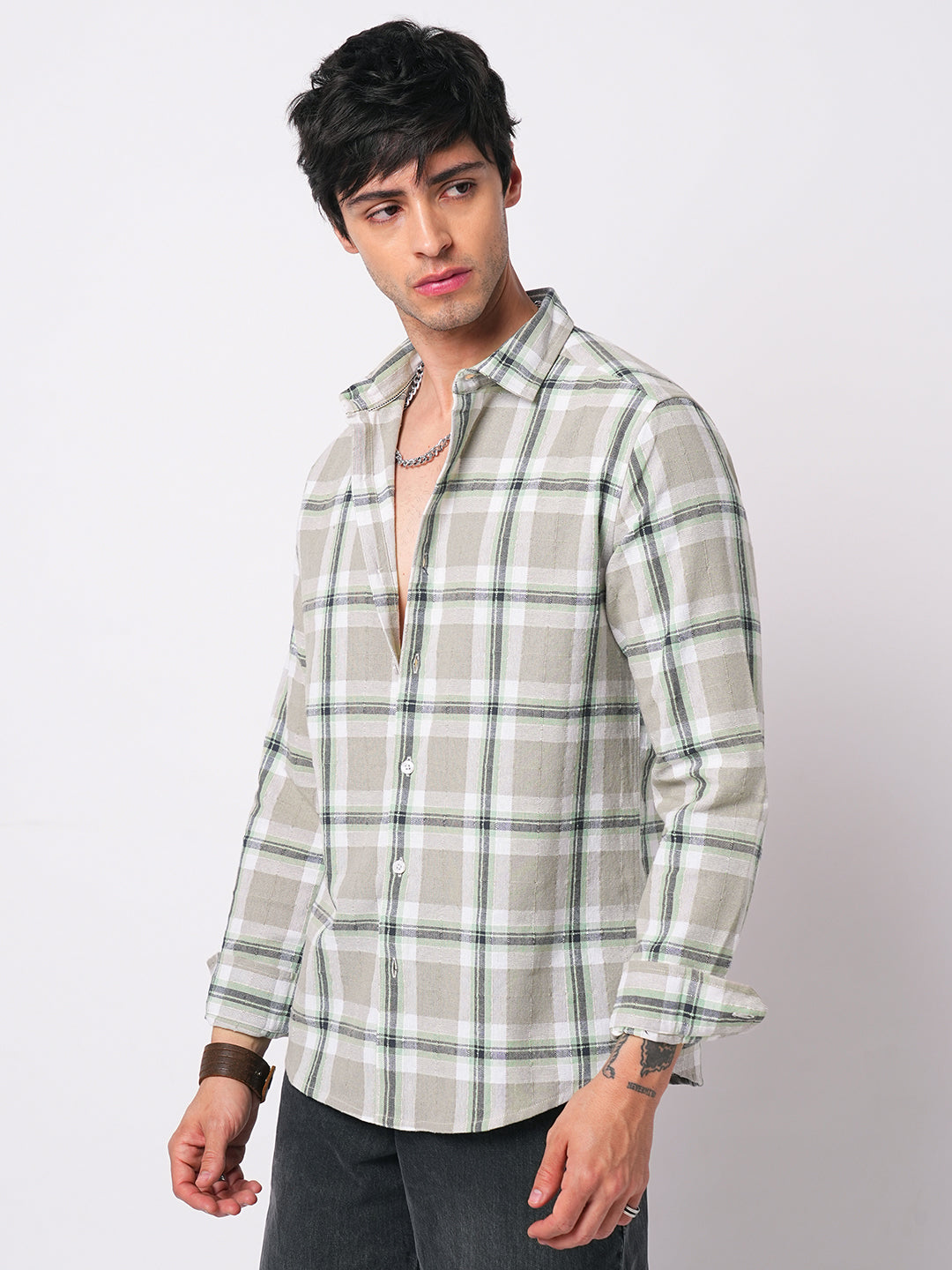 Premium Cotton Burlap Grey & Navy Plaid Checks Textured Shirt