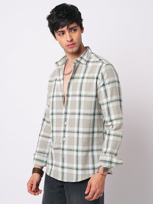 Premium Cotton Burlap Grey & Navy Plaid Checks Textured Shirt