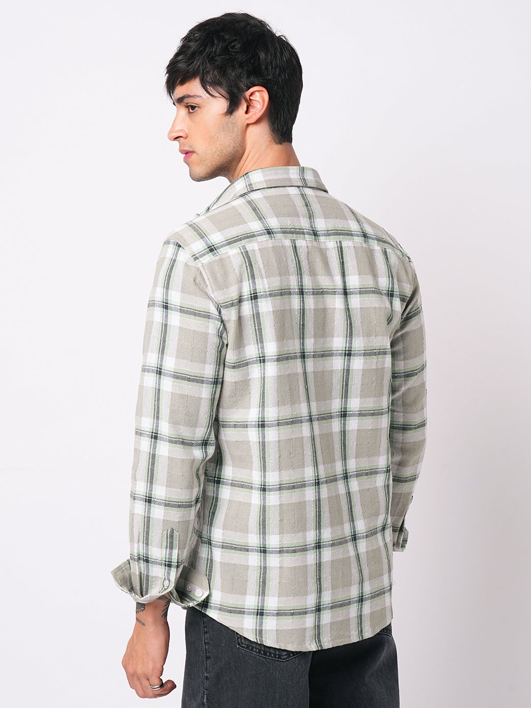 Premium Cotton Burlap Grey & Navy Plaid Checks Textured Shirt